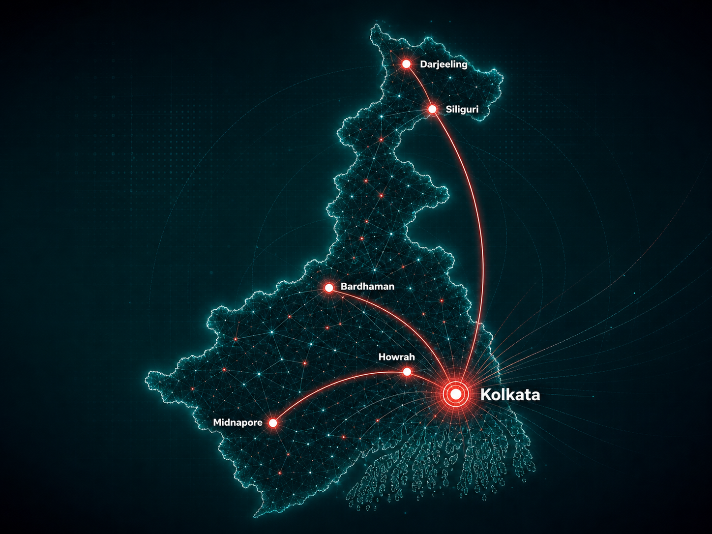 Wavetree network map connecting Kolkata, Howrah, Bardhaman, Midnapore, Siliguri and Darjeeling